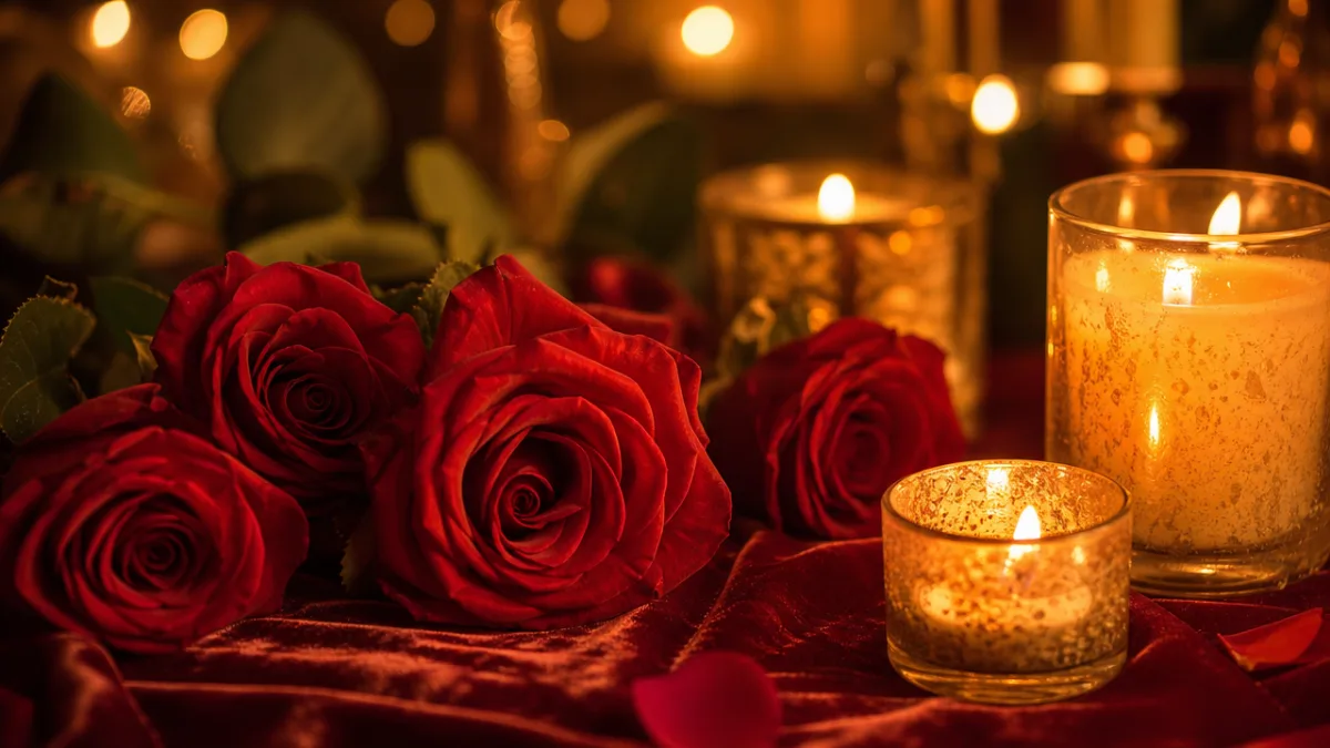 close-up of roses and flickering candles on a velvet tablecloth, warm amber…