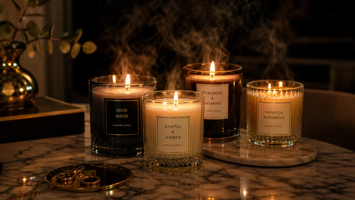 luxury scented candles in glass vessels glowing warmly on a marble surface,…
