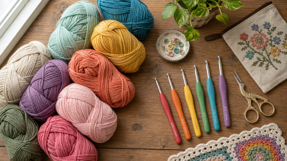 a flat lay of colorful cotton yarn skeins, crochet hooks, and scissors…