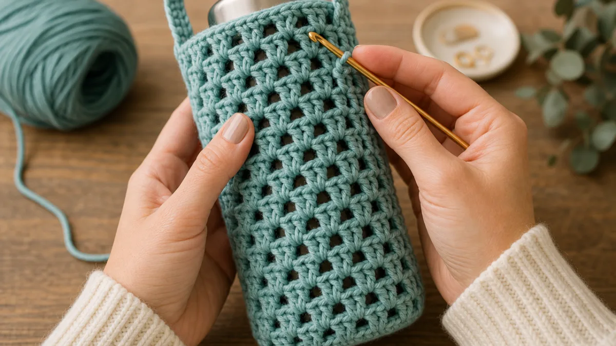 a crocheter's hands holding a partially finished crochet bottle holder in soft…