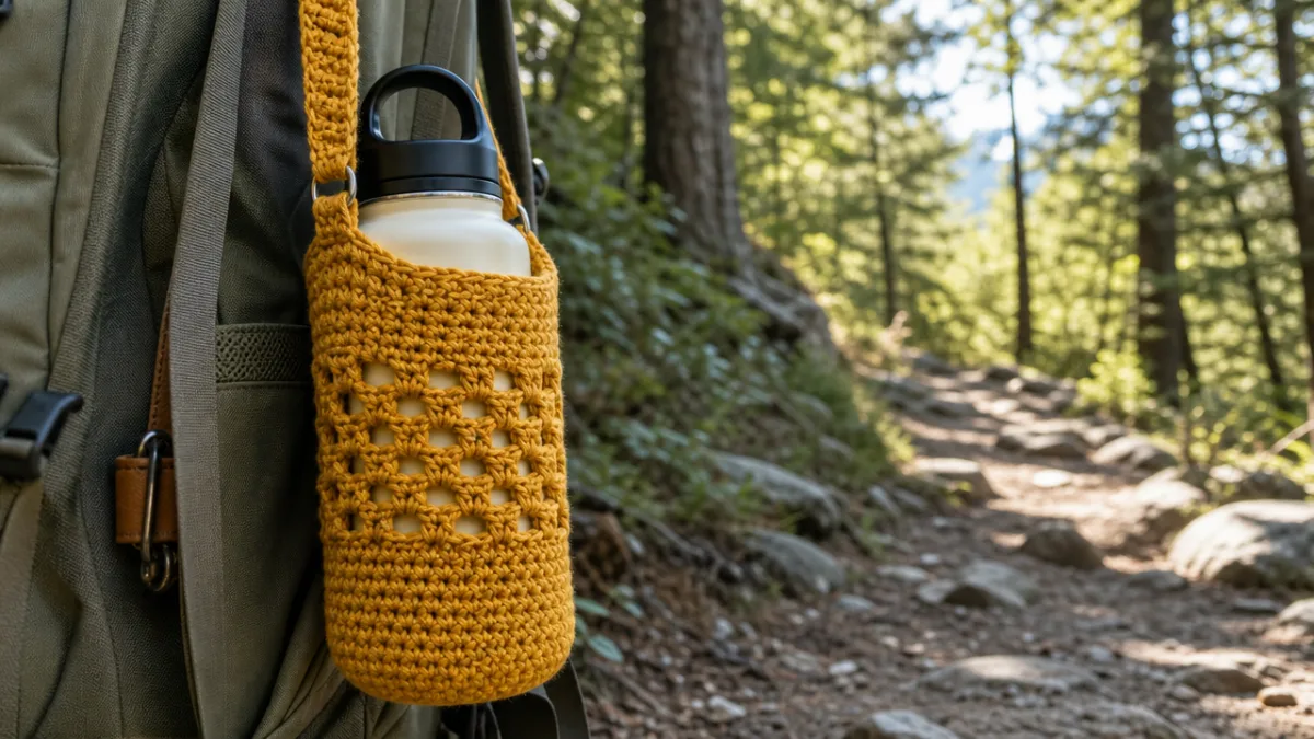 a finished crochet water bottle holder in mustard yellow yarn on a…