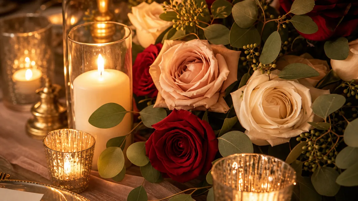 a close-up of romantic table centerpiece materials including candles, fresh roses, and…