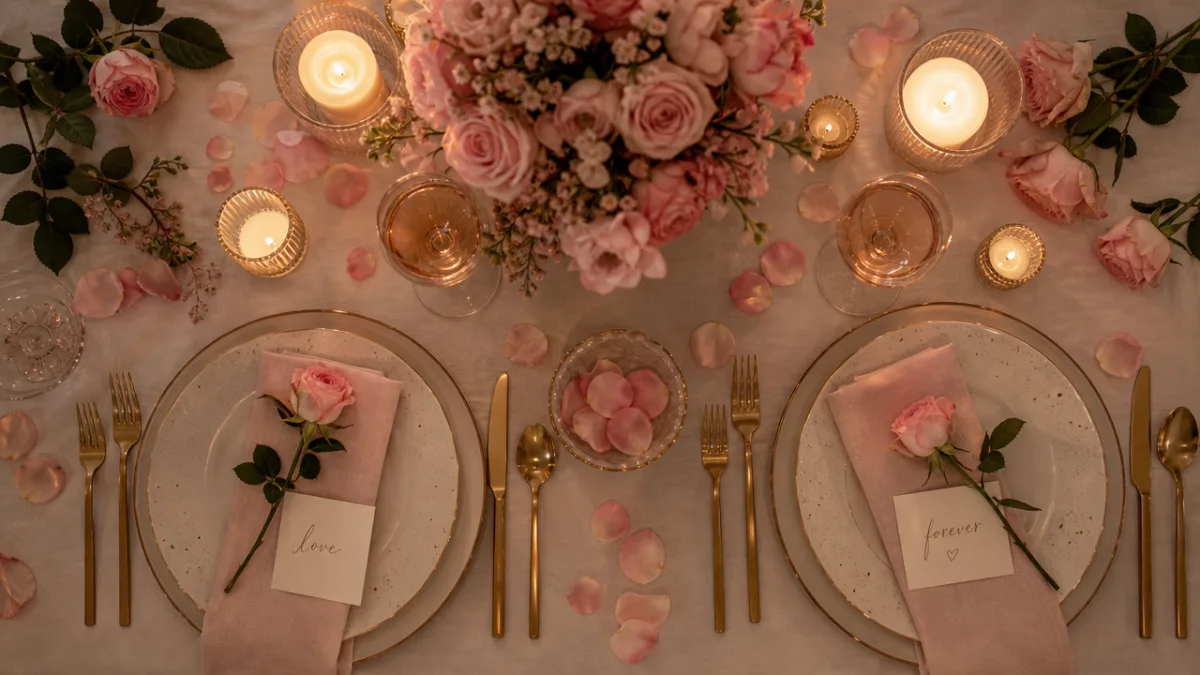 an overhead flat lay of a romantic dinner table with candles, soft…