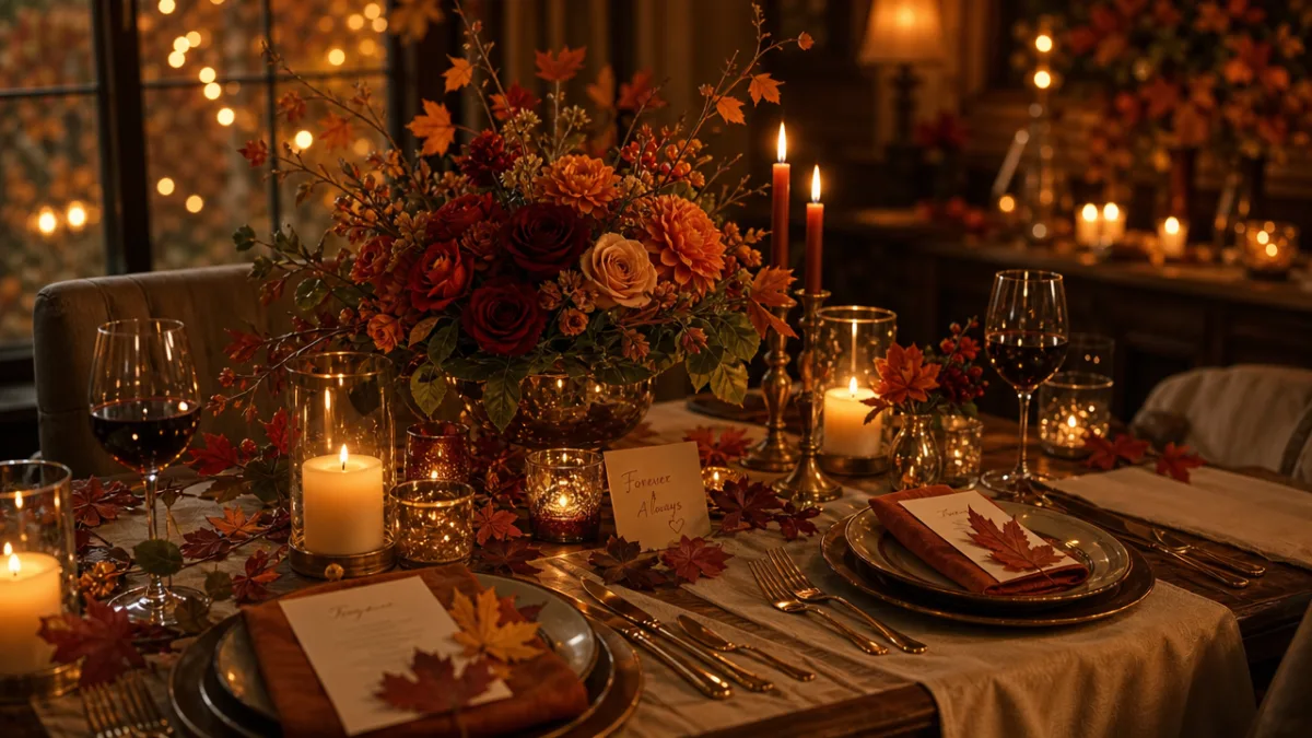 a beautifully set romantic dinner table with autumn flowers, candles, and fall…