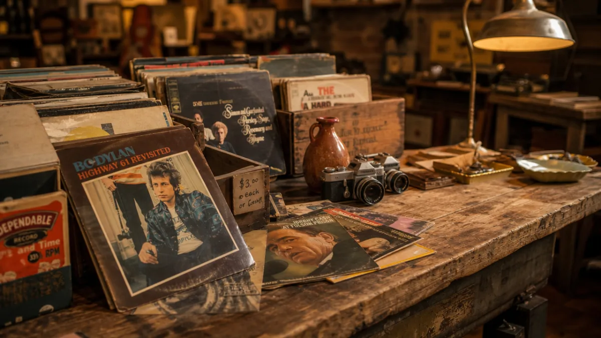 a rustic wooden table covered with vintage vinyl records, thrift store finds,…