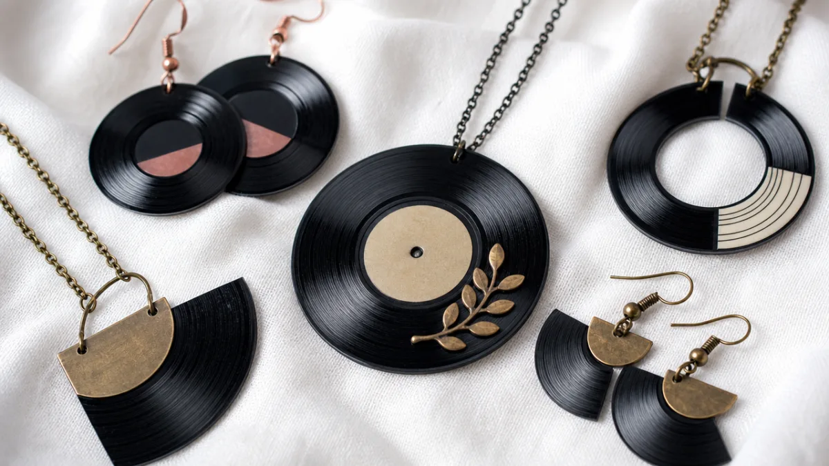 close-up of handcrafted vinyl record jewelry pieces arranged on white linen, soft…