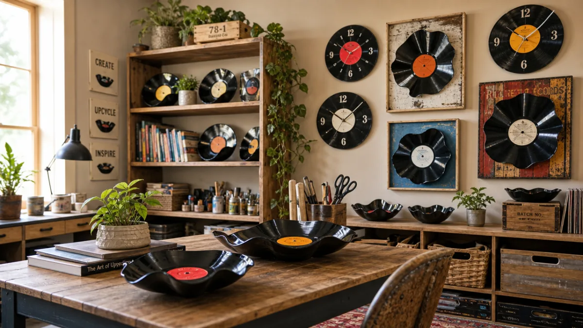 a beautifully arranged craft studio with repurposed record bowls, clocks, and artwork…