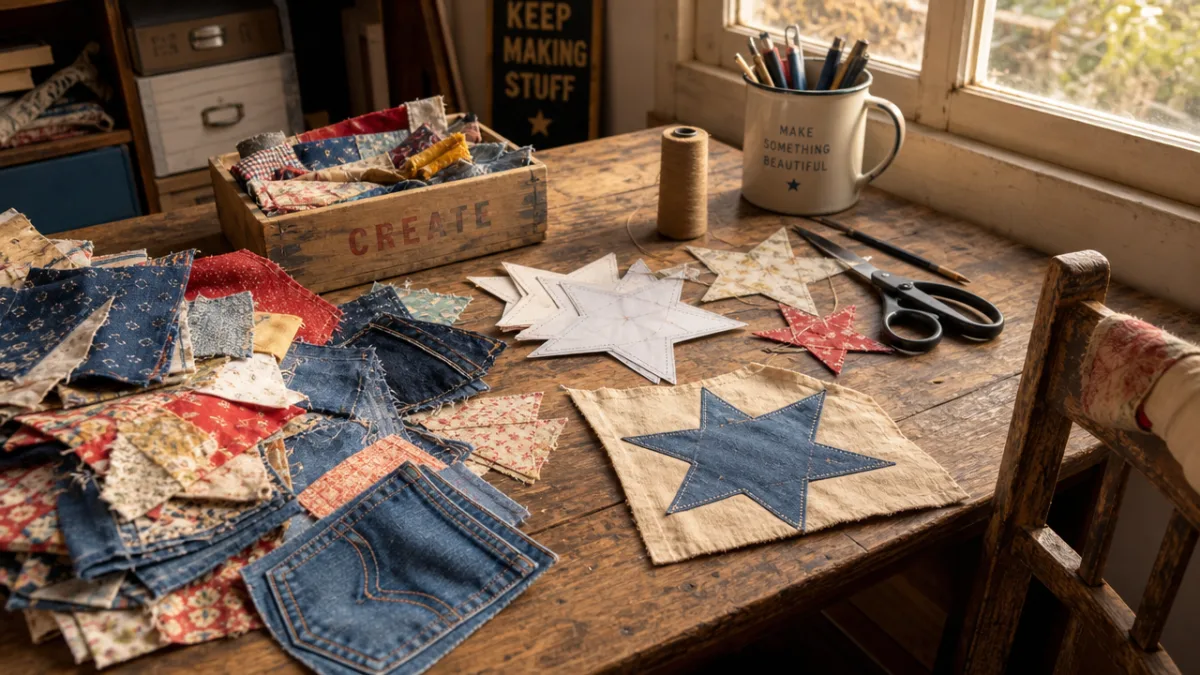 a rustic wooden craft table covered with colorful fabric scraps, denim pieces,…