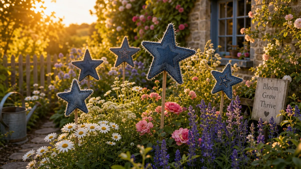a lush cottage garden with denim star decorations on stakes among blooming…