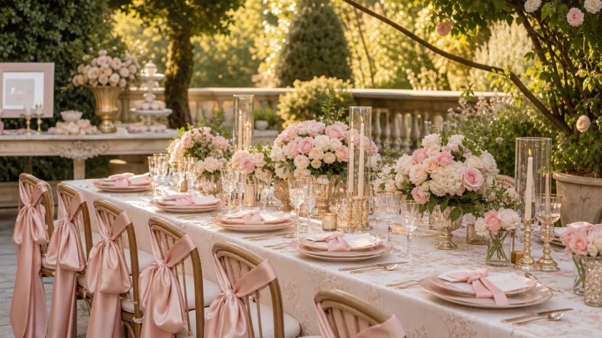 an elegant outdoor garden party table set with blush ribbons and bow…