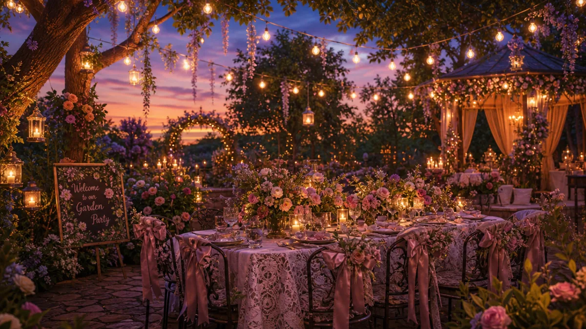 a magical garden party at dusk with string lights glowing and ribbon…