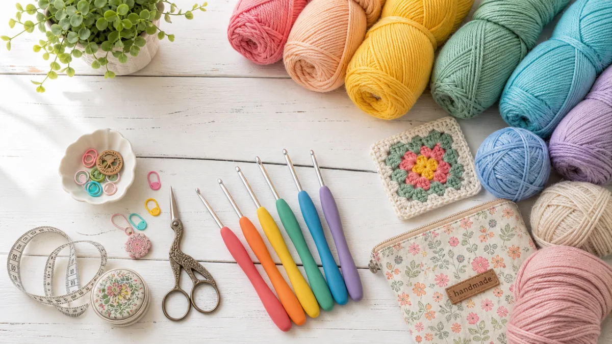 a flat lay of colorful cotton yarn skeins, crochet hooks, and crafting…