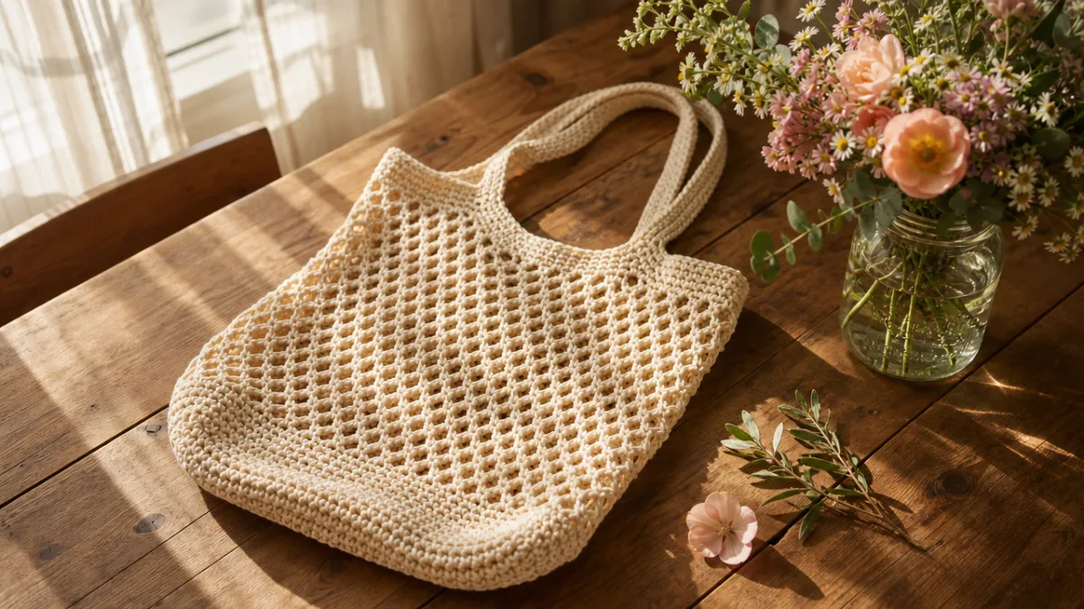 a finished crochet mesh tote bag in natural cotton beige resting on…