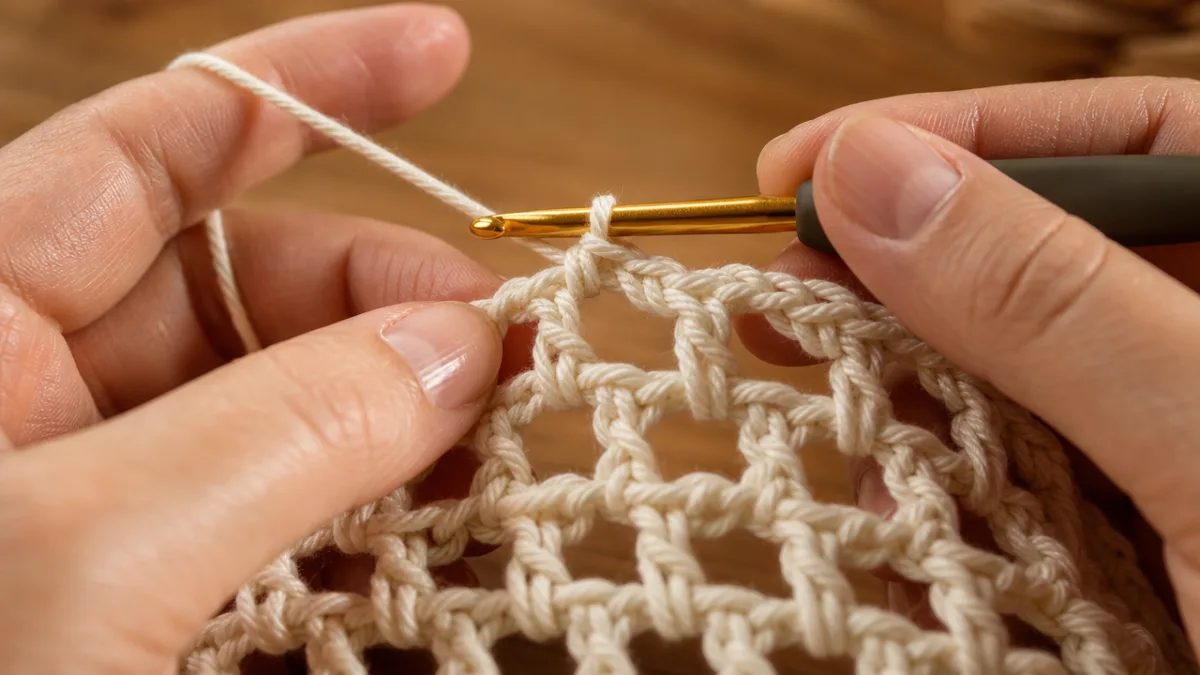 a close-up of hands crocheting an open mesh pattern in cream cotton…
