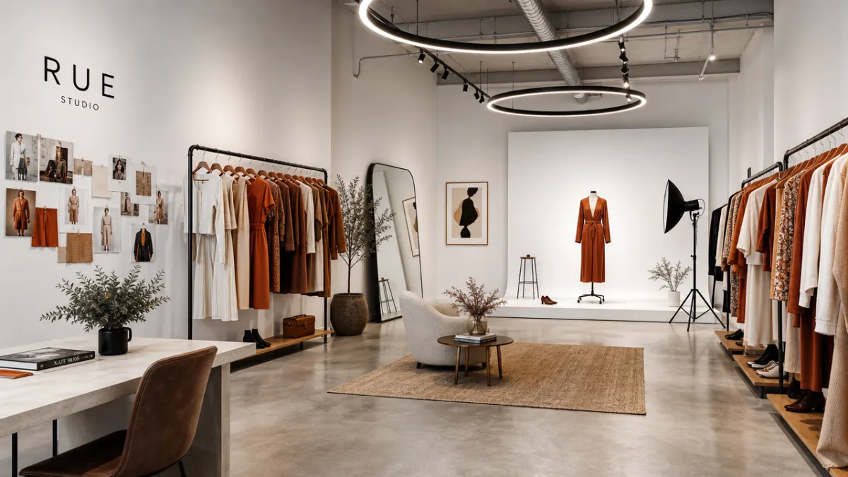 a sleek modern fashion studio with white walls, dramatic ring lighting, and…