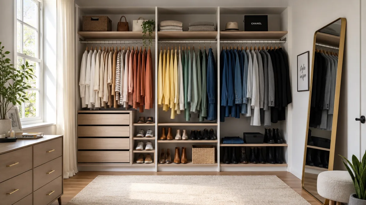 a well-organized personal wardrobe setup with color-coded garments, soft natural window light,…