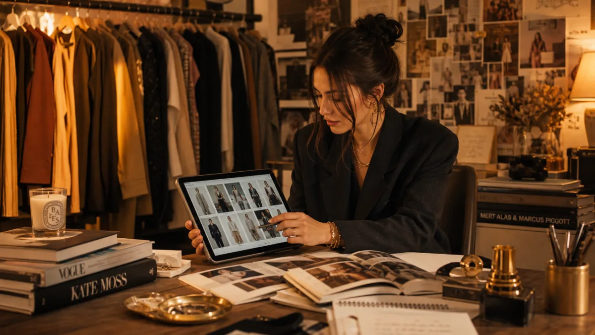 a fashion curator reviewing a digital tablet showing outfit archives in a…
