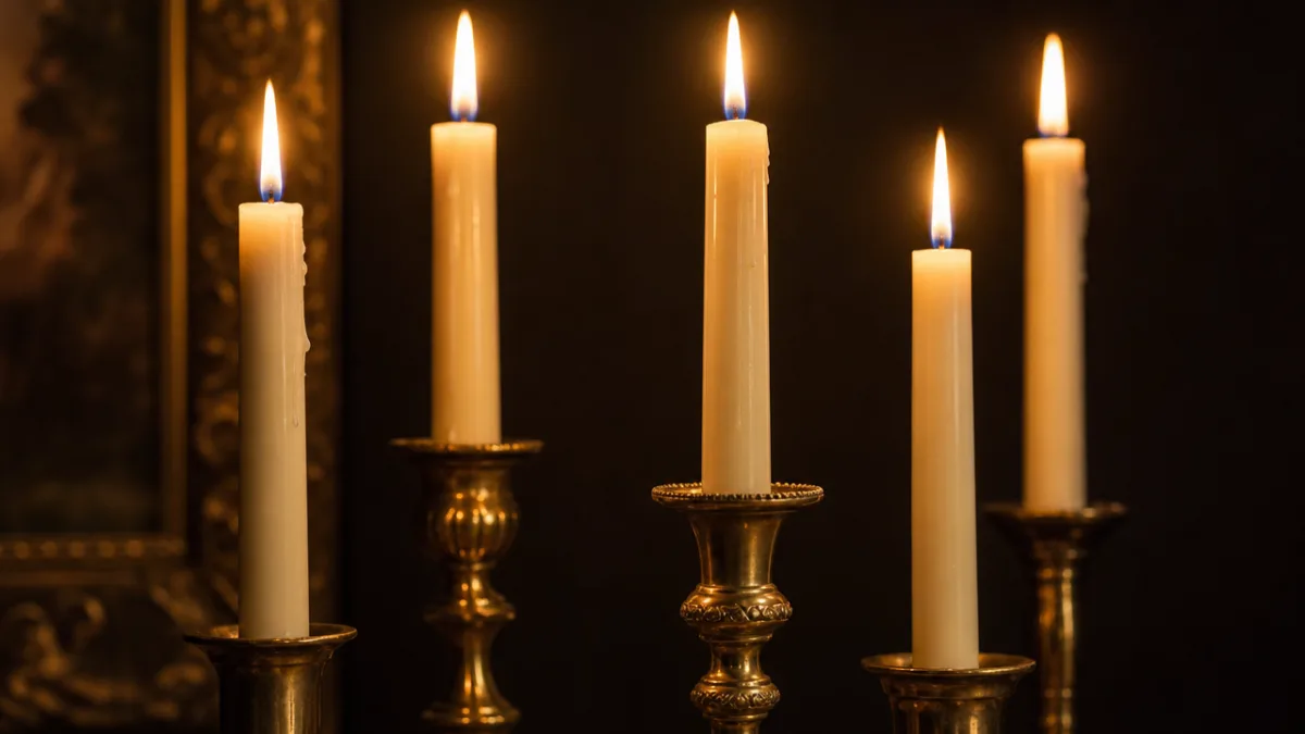 a close-up of elegant ivory taper candles arranged in antique brass candlesticks,…