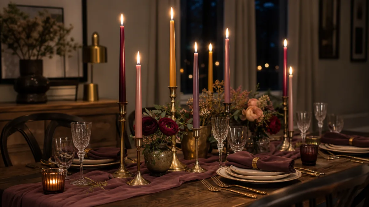 a beautifully styled dining table with tall colored taper candles in mixed…