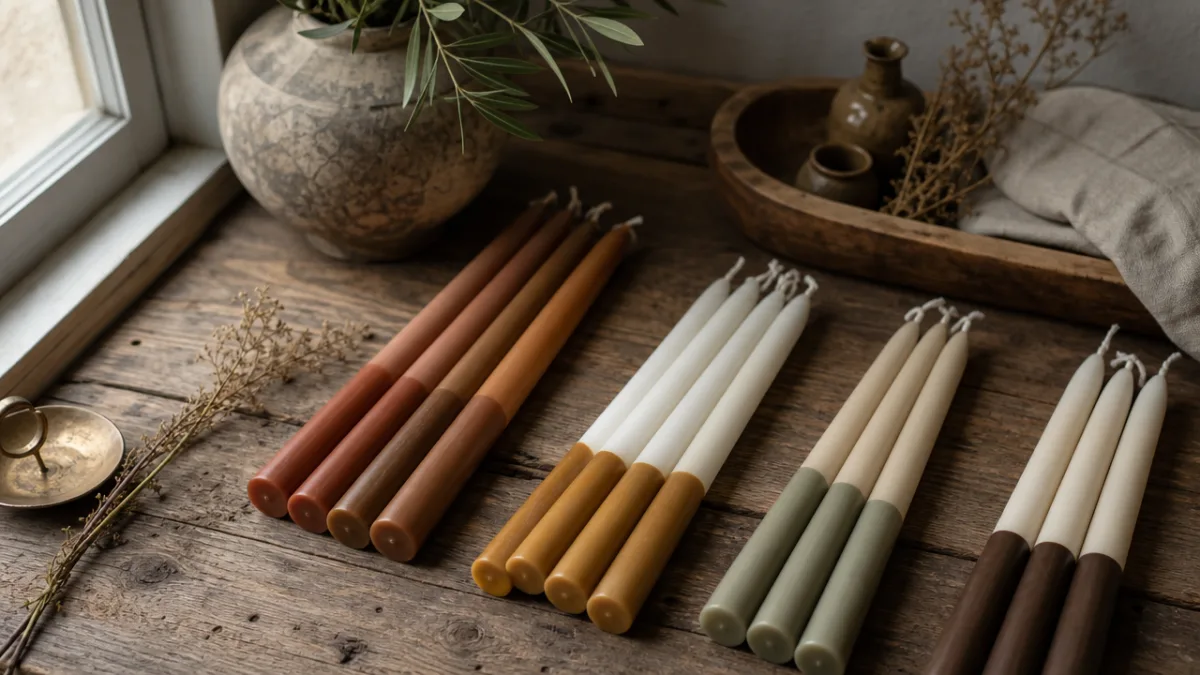 a rustic wooden surface with handcrafted dipped taper candles in warm earth…