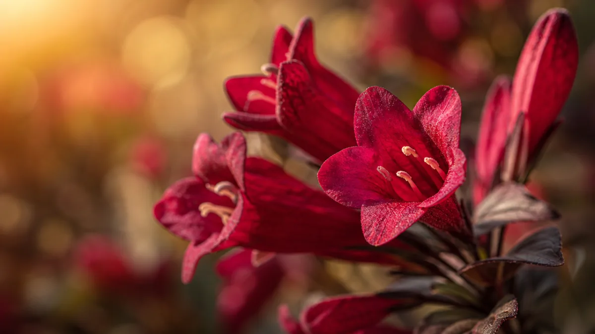a close-up macro shot of deep wine-red tubular flowers with soft bokeh…