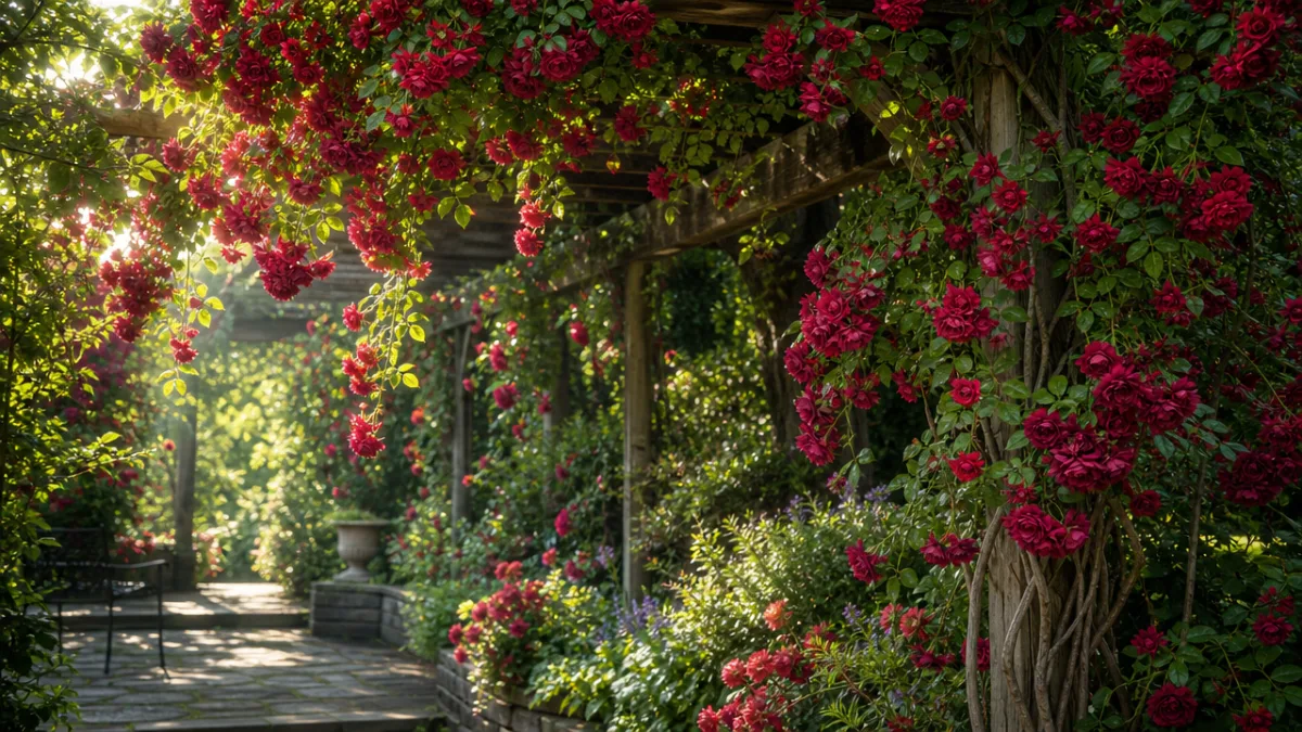 a lush garden trellis covered with cascading wine-red flowering vines, soft dappled…