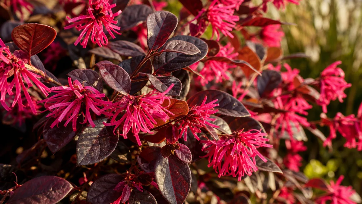a close-up of Daruma Dwarf Loropetalum shrub with deep burgundy foliage and…