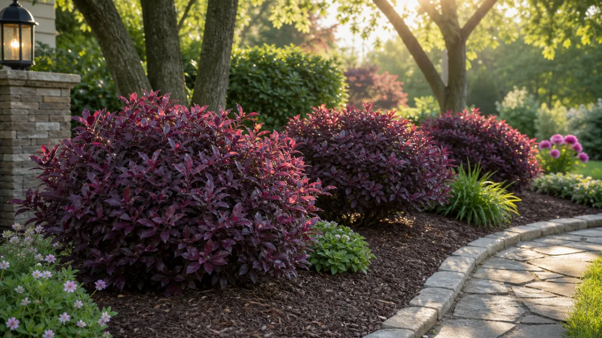 a well-maintained garden bed featuring compact loropetalum shrubs with rich purple foliage,…