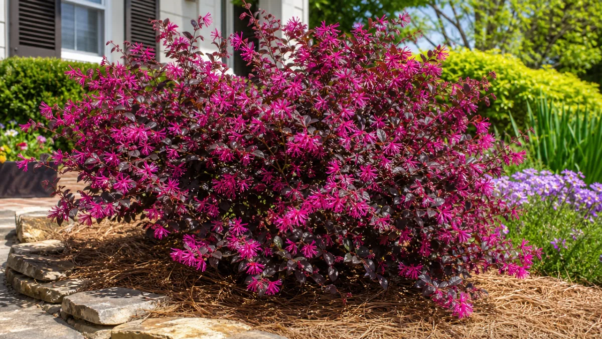 a healthy Daruma Loropetalum shrub in a sunny residential garden, vibrant magenta…