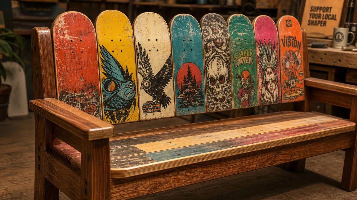 a close-up of a handcrafted skateboard bench with colorful deck graphics, warm…