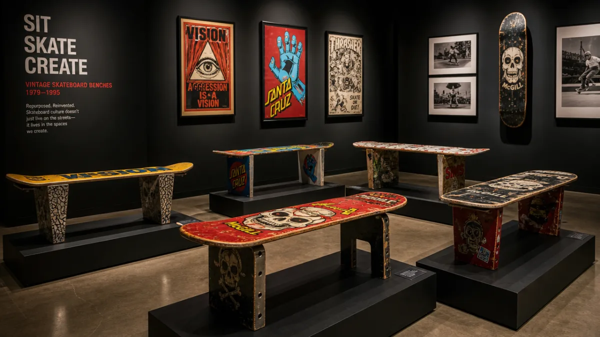 a curated display of vintage skateboard benches in a gallery-like space, dramatic…