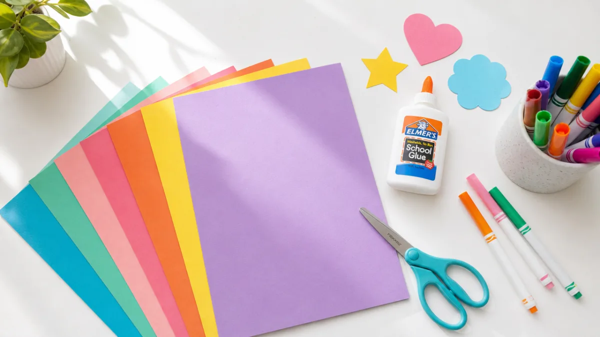 a flat lay of colorful cardstock, scissors, glue, and markers on a…