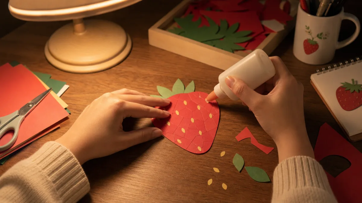 hands carefully gluing paper pieces into a strawberry shape on a wooden…