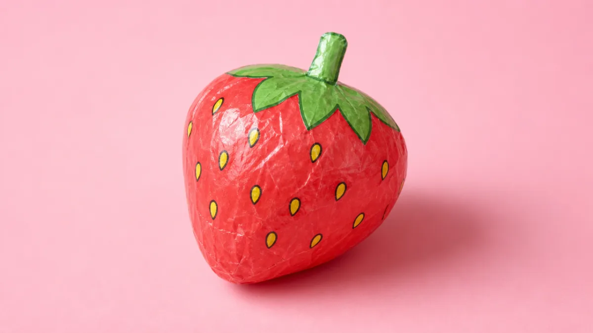a finished colorful paper squishy strawberry on a pastel pink background, soft…