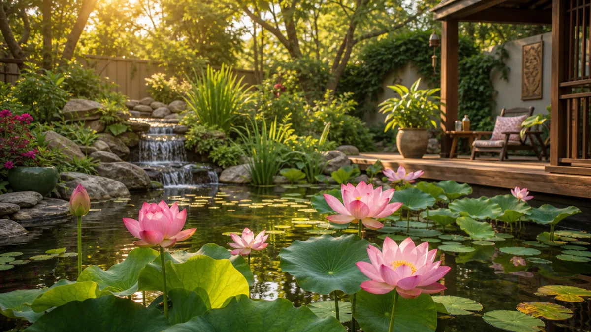 a serene backyard pond with blooming pink lotus flowers under warm golden…