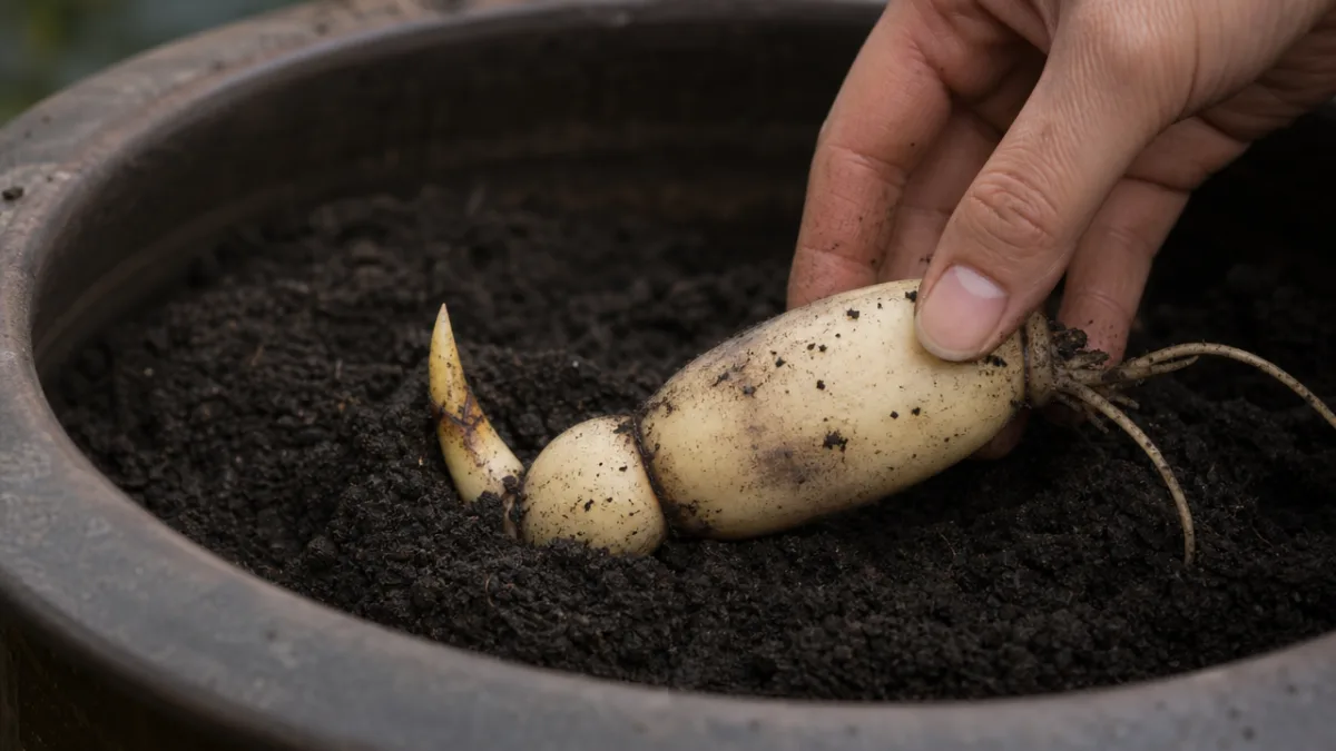 close-up of a lotus tuber being carefully placed in dark clay soil…