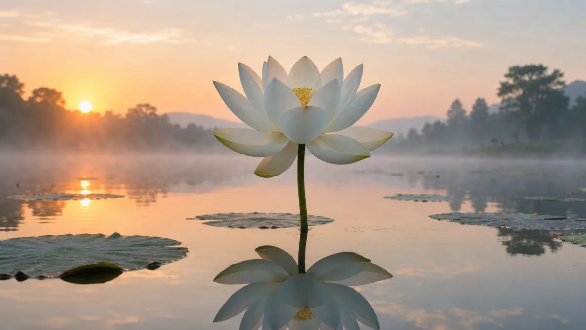 a single white lotus flower in full bloom rising above still water…
