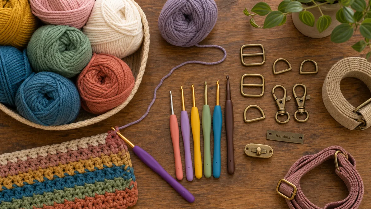a flat lay of colorful crochet yarn, hooks, and backpack hardware on…