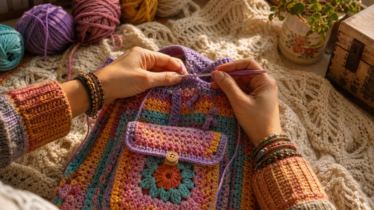hands crocheting a colorful backpack with yarn and hook on a cozy…