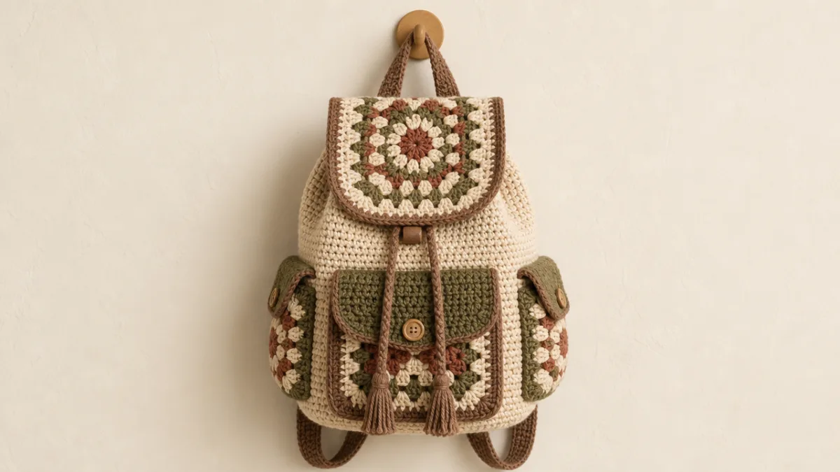 a finished crochet backpack hanging on a wooden peg against a light…