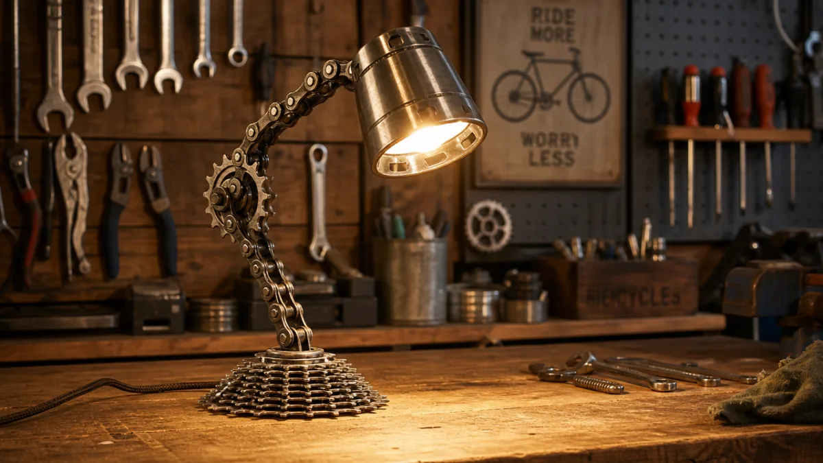 a handcrafted bicycle parts desk lamp on a wooden workbench, warm workshop…