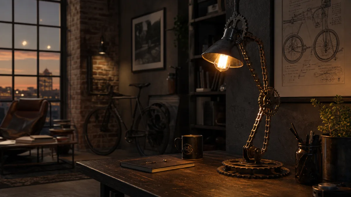 a stylish industrial loft interior with bicycle parts lamp glowing on a…