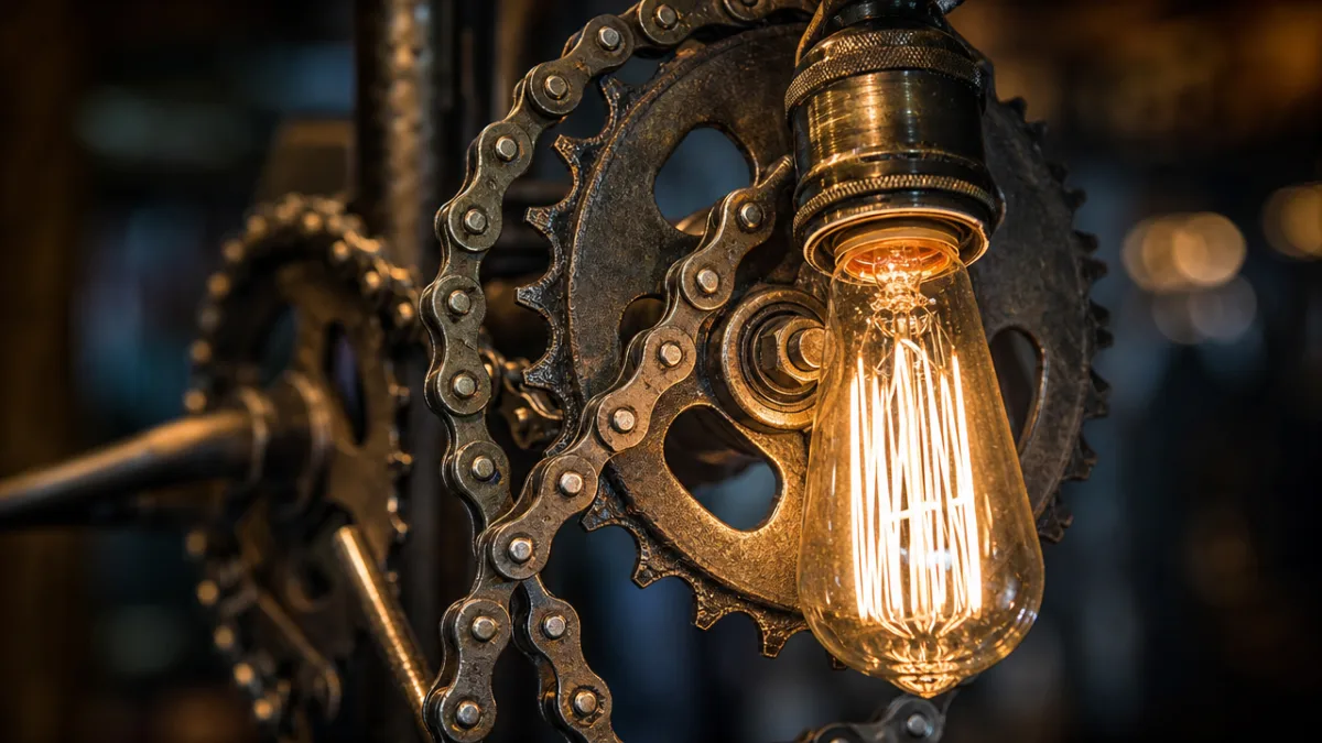 close-up of weathered bicycle gears and chain repurposed as lamp components, dramatic…