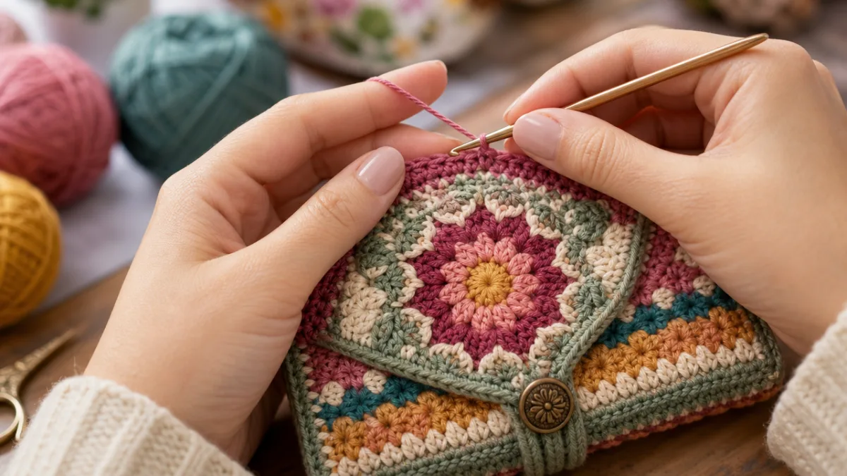 close-up of hands crocheting a detailed wallet pattern with colorful yarn, soft…