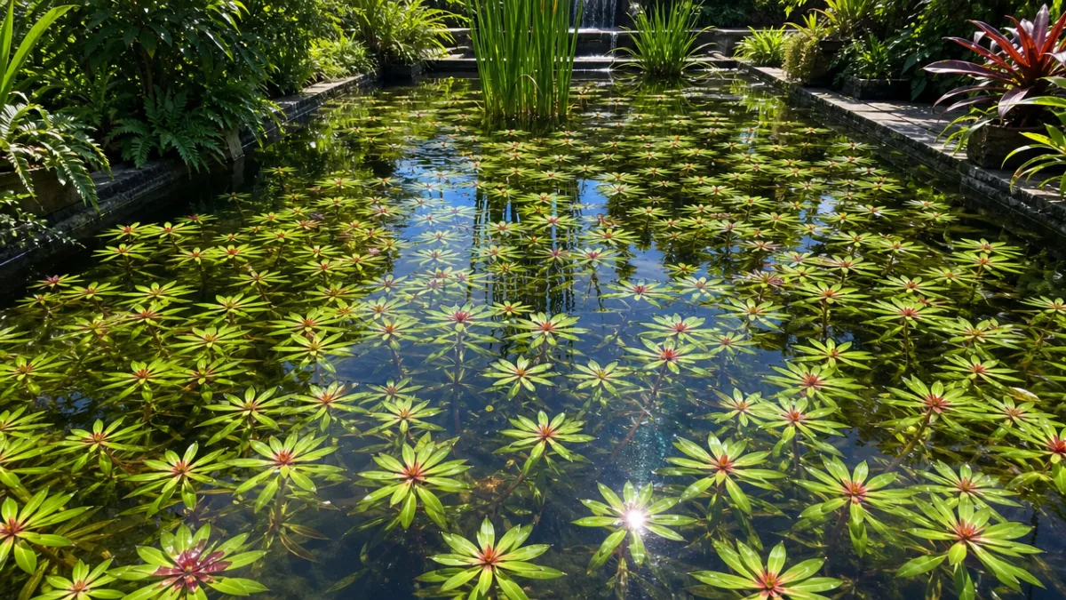 a lush garden pond filled with geometric Ludwigia sedioides rosettes, bright midday…
