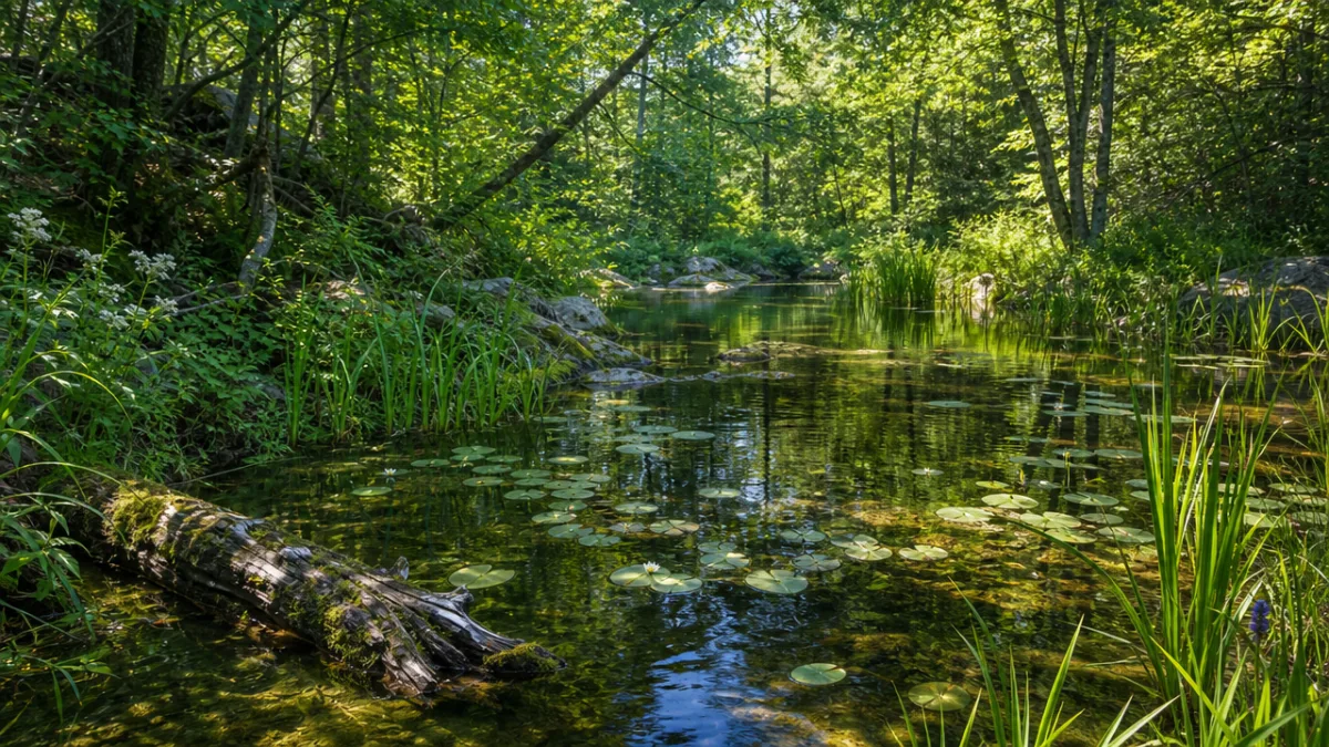 a serene natural freshwater habitat with native aquatic plants and gentle dappled…