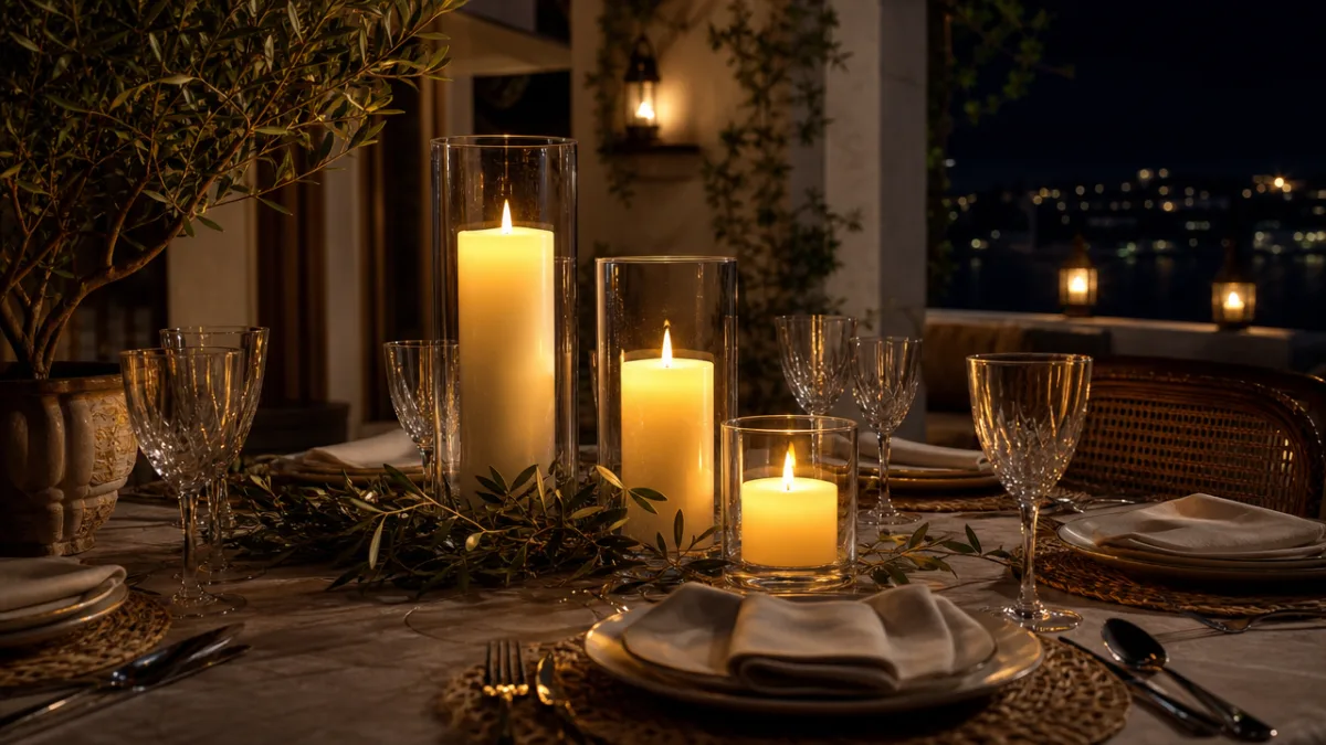 elegant patio table setting at night with glowing ivory flameless candles inside…