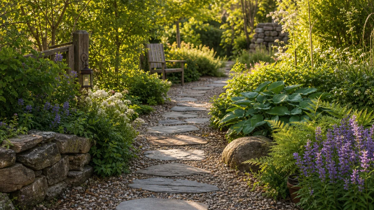 a rustic garden path made of stepping stones and gravel winding through…