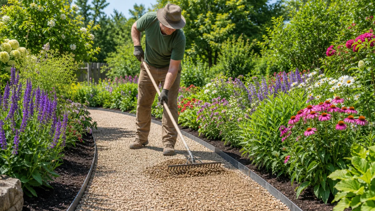 a person raking gravel onto a freshly prepared garden path bordered by…