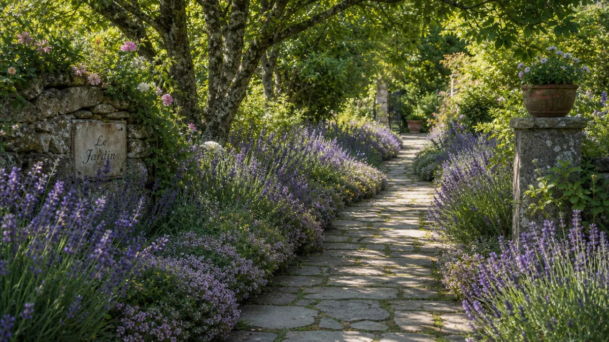 a charming established garden path lined with lavender and thyme, dappled sunlight…